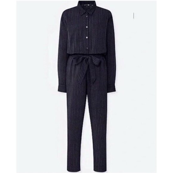 Uniqlo x Marimekko Jumpsuit Womens XS Black Blue Belted Button Front Geometric - Picture 1 of 14